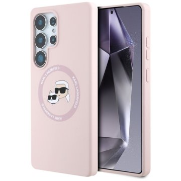 shumee Karl Lagerfeld silikonski ovitek z dvojno glavo in okroglim MagSafe za Samsung Galaxy S25 Ultra (roza)