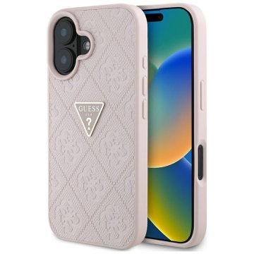 shumee Guess Hot Stamp 4G Pattern Triangle Metal Logo - ovitek za iPhone 16 (roza)