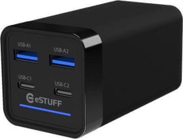 eSTUFF 65W 4-portni PD GaN večportni polnilec 2 USB-C + 2 USB-A priključka