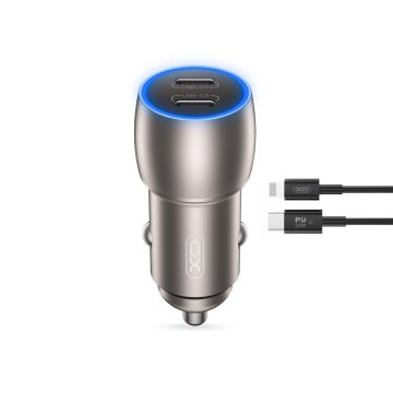 XO XO CC51 QC 40W 2xUSB-C AVTOMOBILSKI POLNILNIK SIVA + Lightning kabel