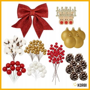 Korbi VELIK KOMPLET OKRAS ZA VENČEK – KROGLICE, RDEČA VRTNA BOROVNICA, MAŠNE, ROGATI JELENI, 86 KOŠČKOV