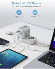 Tessan 633FV potovalni adapter, 3x USB-C, 2x USB-A