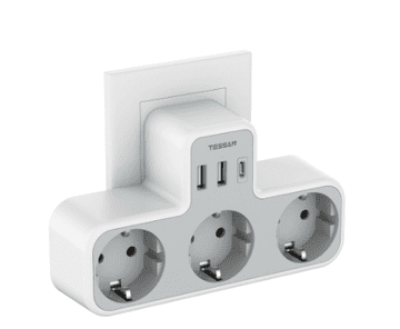 Tessan TS-323-C stenski adapter, 3× AC, 2× USB-A, 1× USB-C