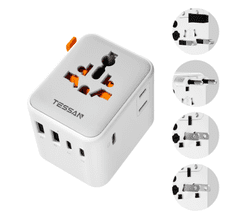 Tessan TS-WTA08 potovalni adapter, 1× AC, 2× USB-A, 3× USB-C