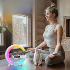 Netscroll 4-v-1 Pametna nočna lučka z brezžičnim polnilcem, budilko, s BT zvočnikom in barvno svetlobo, 4-v-1 ambientna svetilka, pametna budilka, MoonCharge