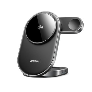 Joyroom 3-v-1 brezžični indukcijski polnilnik za telefon, uro in slušalke Qi 15 W – črn