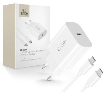 Tech-protect USB-C omrežni polnilnik s kablom USB-C PD 20 W – bel
