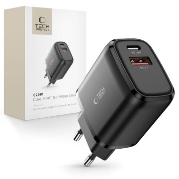 Tech-protect USB-C PD 20 W / USB-A QC 3.0 omrežni polnilnik – črn
