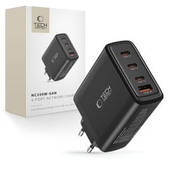 Tech-protect GaN omrežni polnilnik 3x USB-C PD USB-A QC 100 W – črn