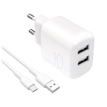 Puro PROLITE 10W 2x USB-A omrežni polnilnik s 1,2 m kablom USB-A na USB-C – bel