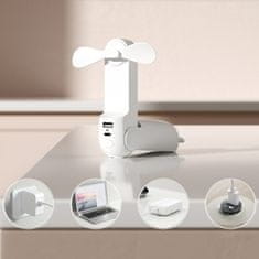 JISULIFE Mini prenosni ventilator s funkcijo power banke, svetilko, USB-A USB-C 2000mAh - bela