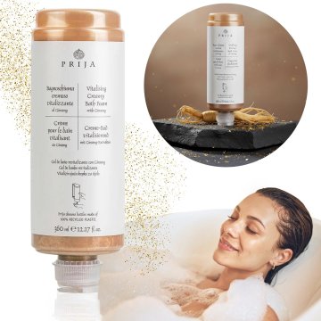 PRIJA PRIJA Negovalna kopalna tekočina z zlatimi delci, kremasto peno, ginsengom, polnilo za dozirnik 360 ml