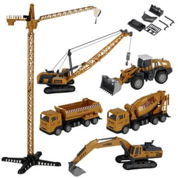 Mega Creative 4v1 SET gradbenih vozil, žerjav, betonski mešalnik, bagr, tovornjak s kesonom, PREMIKLJIVE dele, potegni in potegni nazaj 3+