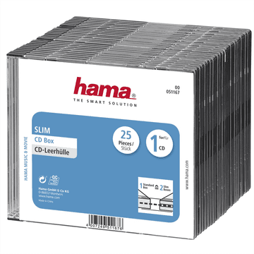 Hama CD Slim Box, ovitek za 1 cd/dvd, prozoren/črn, pakiranje po 25 kosov (cena za paket)