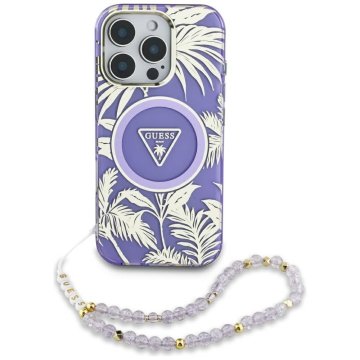 Guess GUESS ovitek za iPhone 16, združljiv z MagSafe GUHMP16SHPCTPLSU (IML Palm Trees Triangle W/ Pearl Strap) vijoličen