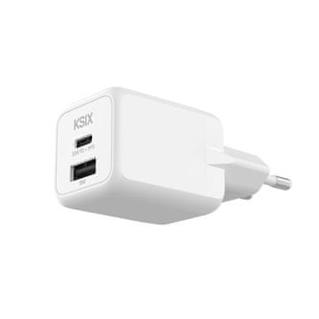 Ksix GaN ultra hitri stenski polnilec 30 W PD in PPS, 1 × USB-C + 1 × USB-A, bel
