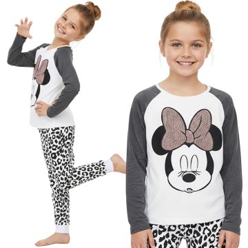 Disney DISNEY Minnie Mouse bombažne pižame z leopardjim potiskom za deklice, z dolgimi rokavi, potiskom iz bleščic