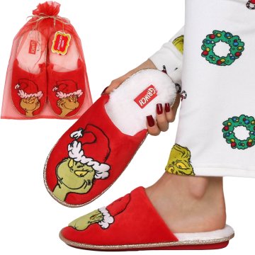 sarcia.eu Grinch NEZDRSNJE ženske copate za dom, TOPLE, MEHKE, BOŽIČNE copate za dom + dekorativna darilna vrečka