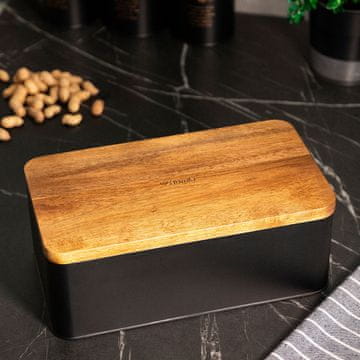 shumee Škatla za kruh LOMAS črna z akacijevim pokrovom 33x18x13 cm 872506