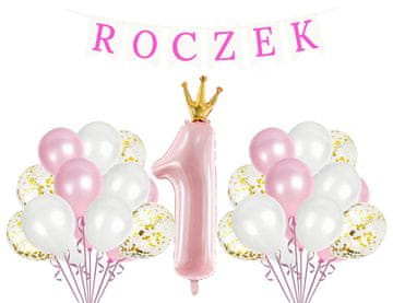 Komplet za prvi rojstni dan - baloni, transparent, roza, 1 komplet