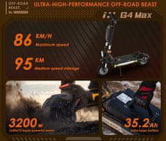 KuKirin Električni skuter G4 Max - 35,2 Ah 1600 W x2 dvojni motor - 86 km/h - doseg 95 km - 12" terenske pnevmatike - odstranljiva baterija