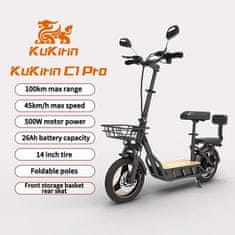 KuKirin Električni skuter C1 Pro - 48V 26Ah baterija - 500W motor - 100 km dosega - 45 km/h - 14" pnevmatike - zložljiv - sedež vključen