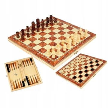 shumee KLASIČNI LESENI ŠAH, DAMA, TABLA 3V1 XXL VELIKI 24x24cm