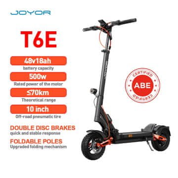 JOYOR T6E 500W Electric Scooter, 48V18Ah Battery, 70km Range, 10-Inch Pneumatic Tires, Hydraulic Suspension, 148kg Load Capacity, Foldable Design