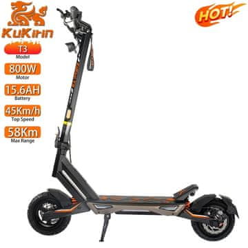 KuKirin T3 Električni skuter - motor 800 W, največja hitrost 45 km/h, doseg 58 km - 10-palčne pnevmatike - zložljiva zasnova - sistem s 14 lučkami - barvni zaslon