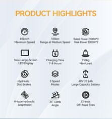 Duotts lektrični skuter - Dvojni motor 2100W*2 - 60V 31.2Ah Baterija - Doseg 100 km - 13" Pnevmatike - Zložljiva Aluminijasta Konstrukcija