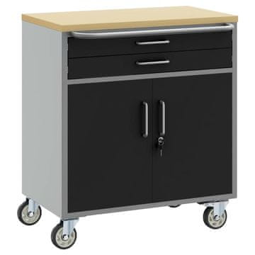 Vidaxl Kolesni delovni pult s predalom Črna in siva 75 x 45 x 85 cm
