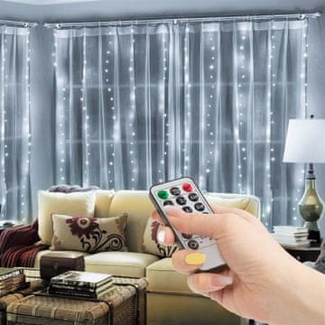 Family LED svetlobna zavesa 3 × 3 m – 300 hladno belih lučk, 8 načinov, IP44 (tudi zunanja uporaba)