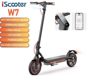 ISCOOTER W7 Električni skuter - 8.5 palčne pnevmatike - 42V 10.5Ah baterija - 650W motor - Doseg 37 km - E-ABS zavora - Amortizerji