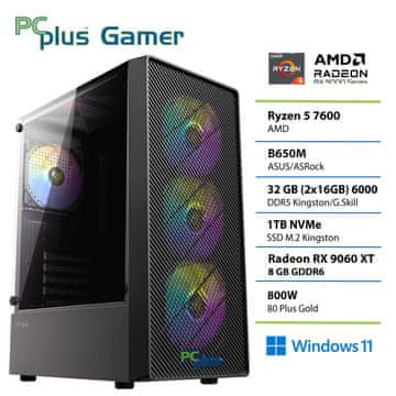 PCplus Gamer Ryzen 5 7600 32GB 1TB SSD Radeon RX 9060XT 8GB Windows 11 Home gaming namizni računalnik