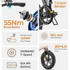 Engwe  EP-2-BOOST Električno kolo ENGWE EP-2 BOOST: 250 W brezkrtačni motor, doseg 120 km PAS, hitrost 25 km/h, baterija 48 V 13 Ah, pnevmatike 20 x 4,0 Fat za mestno vožnjo