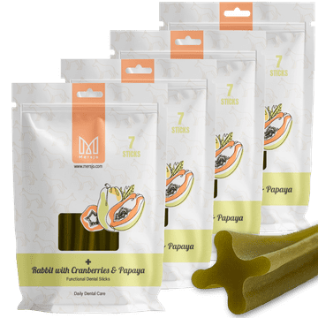 Mersjo Zobni priboljšek za pse Mersjo Dental Sticks - Zajec Papaja & Brusnica (28 palčk)