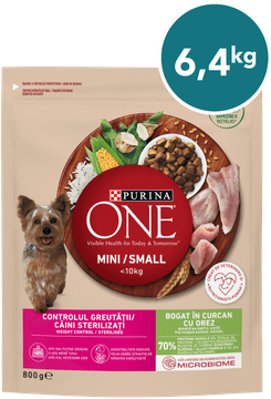Purina ONE MINI/SMALL suha hrana za manj aktivne, pretežke ali sterilizirane pse do 10kg, bogata s puranom in rižem, 8x800g