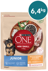Purina ONE MINI/SMALL Junior suha hrana za pasje mladiče do 10kg, bogata s piščancem in rižem, 8x800g