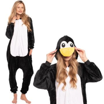 Nikcorp Ženska enodelna pižama kigurumi kostum pingvin, črna, za višino 175-185 cm, velikost XL, udoben in mehak onesie za prosti čas