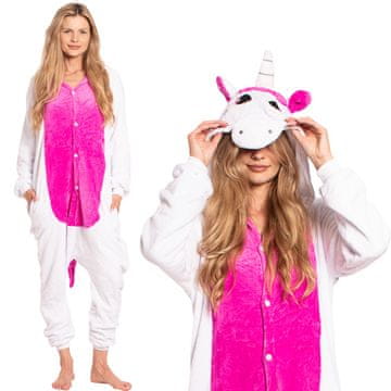 Nikcorp Ženska enodelna pižama kigurumi onesie kostum samorog, roza barve, za višino 175-185 cm, velikost XL