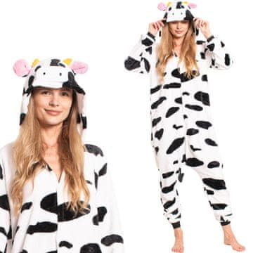 Nikcorp Ženska enodelna pižama kigurumi onesie kostum krava, belo-črna, velikost S, za višino 145-155 cm, udoben mehak material