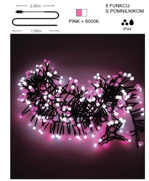 Vito LED svetlobna veriga PINK+6000K 160led 1,5m IP44 NATALE-19