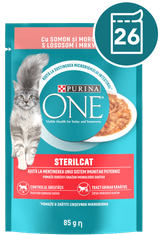 Purina ONE STERILCAT mokra hrana za odrasle mačke, mini fileti z lososom in korenjem, 26x85g