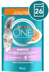 Purina ONE SENSITIVE mokra hrana za odrasle mačke, mini fileti s piščancem in korenjem, 26x85g