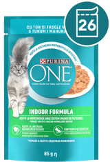 Purina ONE INDOOR FORMULA mokra hrana za odrasle mačke, mini fileti s tuno in stročjim fižolom, 26x85g