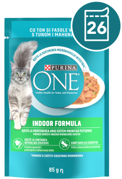 Purina ONE INDOOR FORMULA mokra hrana za odrasle mačke, mini fileti s tuno in stročjim fižolom, 26x85g