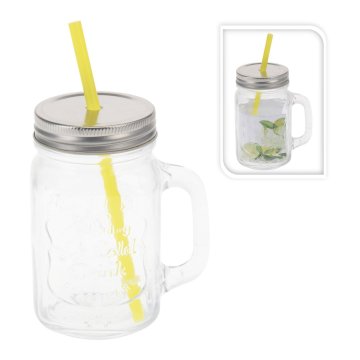 Koopman Steklo 450 ml z ročajem, pokrovom in slamico