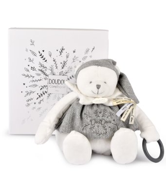DouDou ET Compagnie Doudou Darilni set Plišasti polarni medved z obročem 30 cm siva