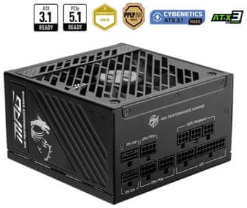 MSI napajalnik MPG A1250GS PCIE5/ 1250W/ ATX3.1/ akt. PFC/ 10 let polne garancije/ 135mm ventilator/ modularna napeljava/ 80PLUS Gold