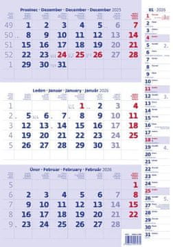 Stenski koledar 2026 - Trije meseci v modri barvi z opombami